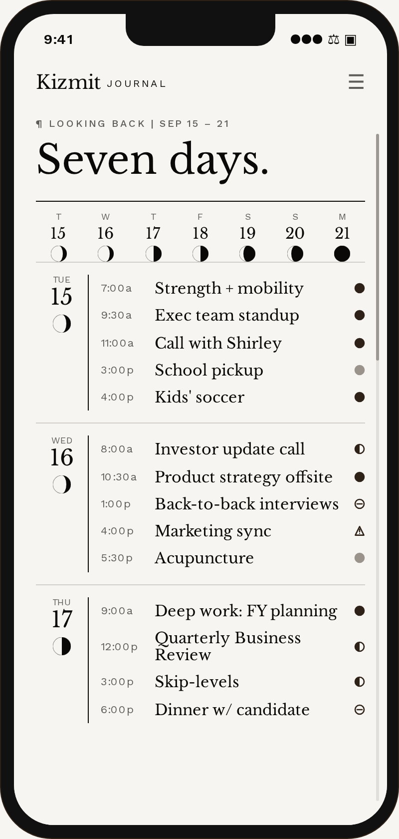 The Kizmit Week view on a phone: the week's moon phases across the top, then each day's events, each marked for how it landed.