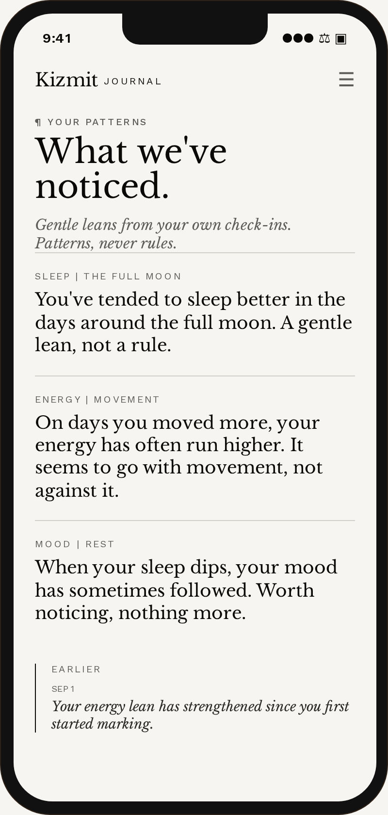 The Kizmit Insights view on a phone: gentle, tentatively-worded patterns drawn from your own check-ins.