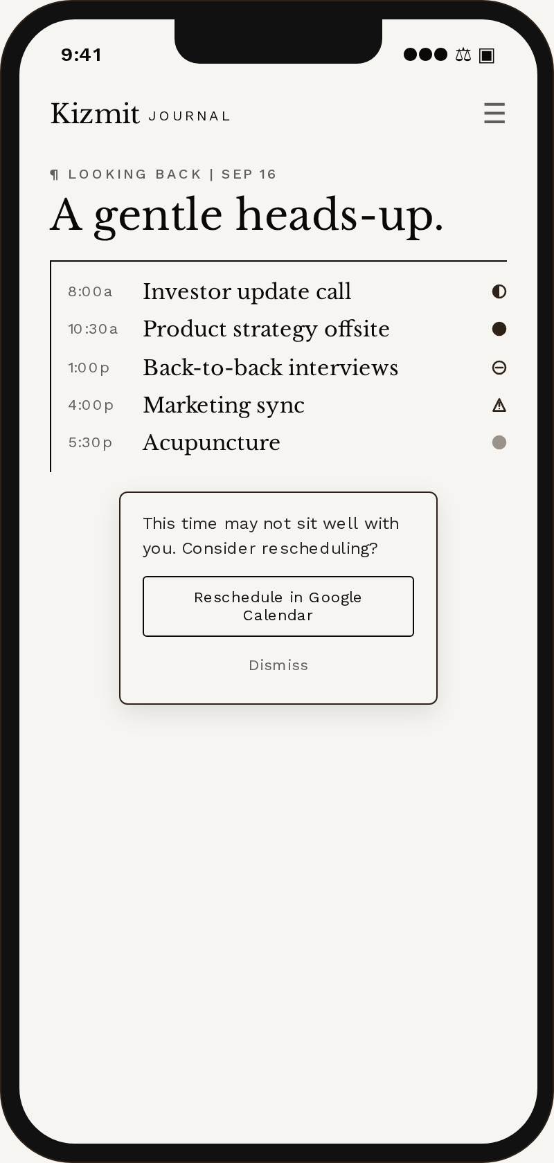 A Kizmit day on a phone with a gentle forward note, wondering whether a movable time might not sit well and offering to reschedule.